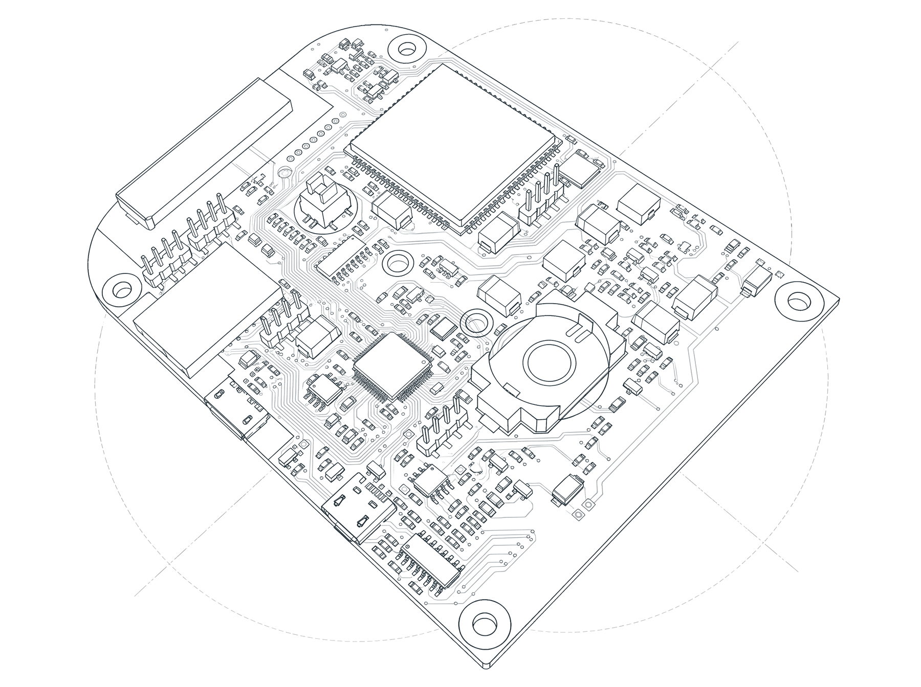Contour drawing of the telemetry controller board, showing its cellular module, coin cell, connectors and copper traces.