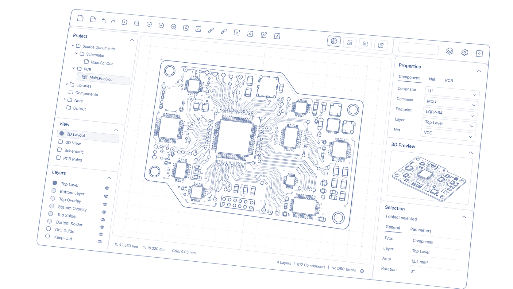 Line drawing of a PCB design tool: the board layout in the centre, the project tree and layer list on the left, component properties and a 3D preview on the right.