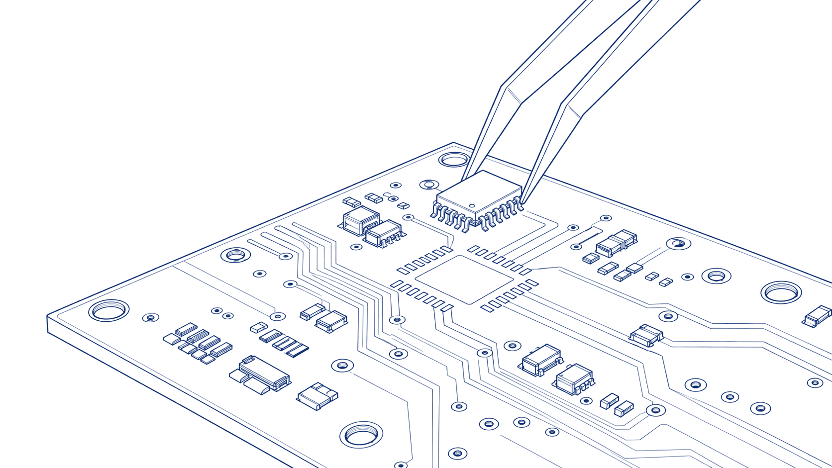 Line drawing of a bare circuit board, a pair of tweezers placing the first chip onto it.