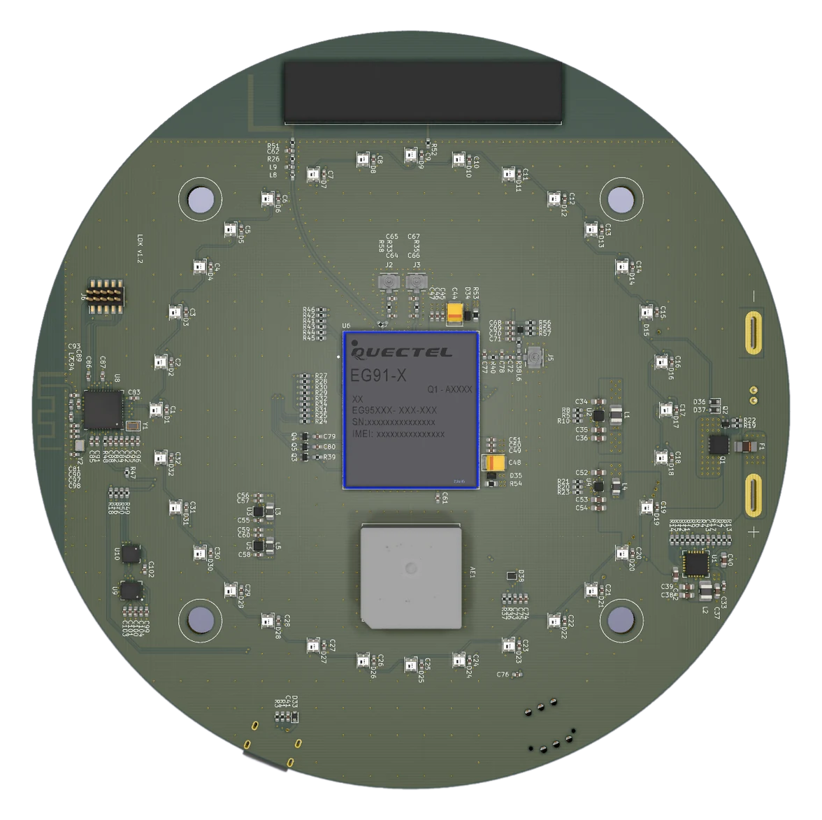 Top view render of the alarm hub board.