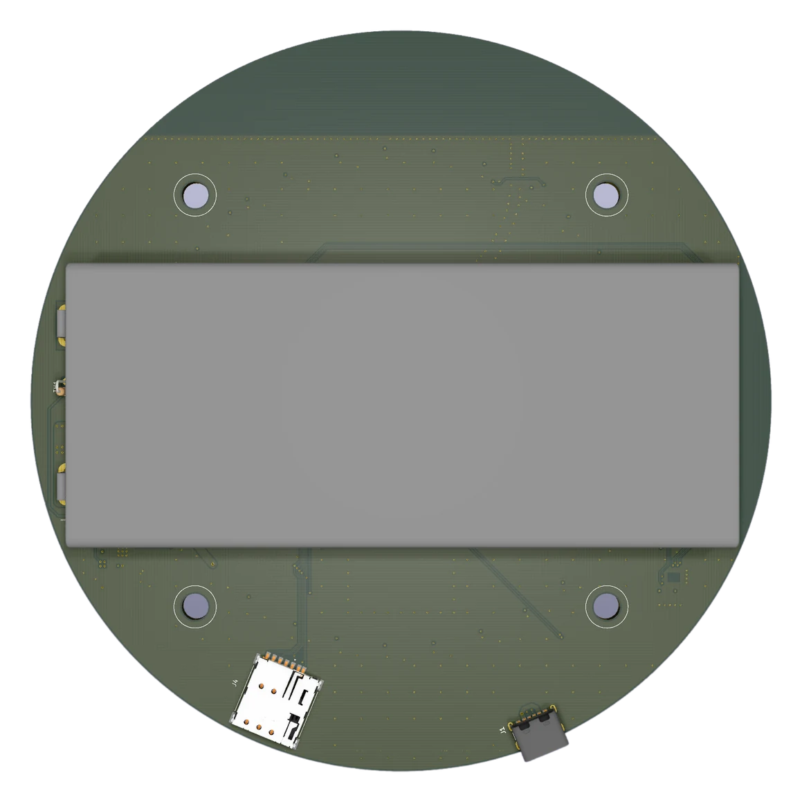 Underside render of the alarm hub with its battery cover.
