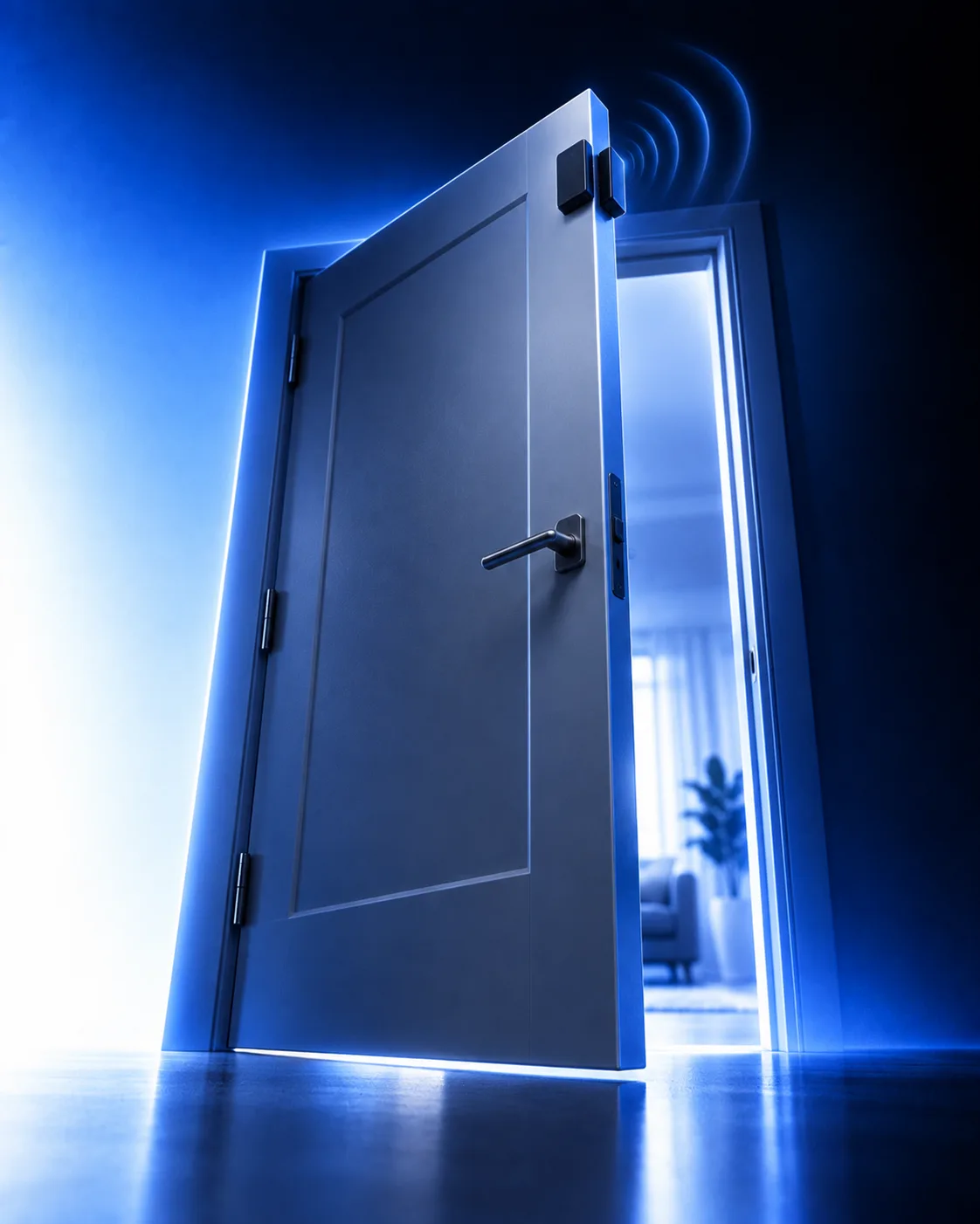 Product render of an open door with the alarm sensor unit mounted on its frame.