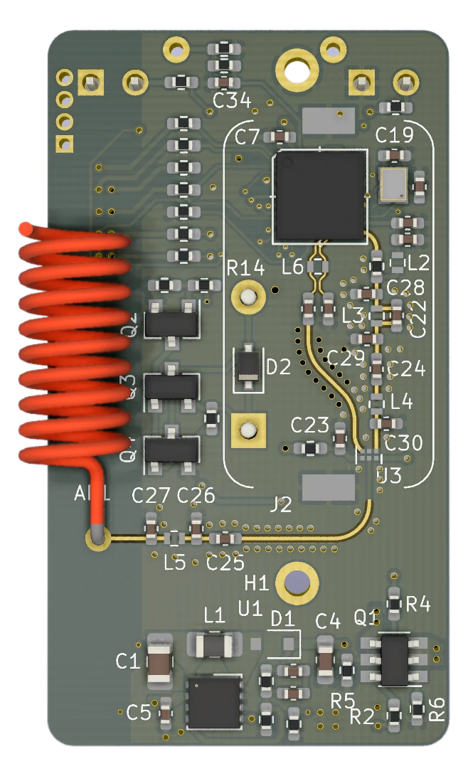 Underside render of the rope-movement sensor board.