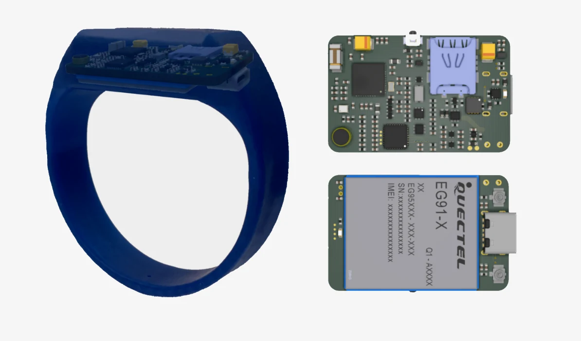 Blue wristband concept with compact cellular electronics shown beside the wearable.