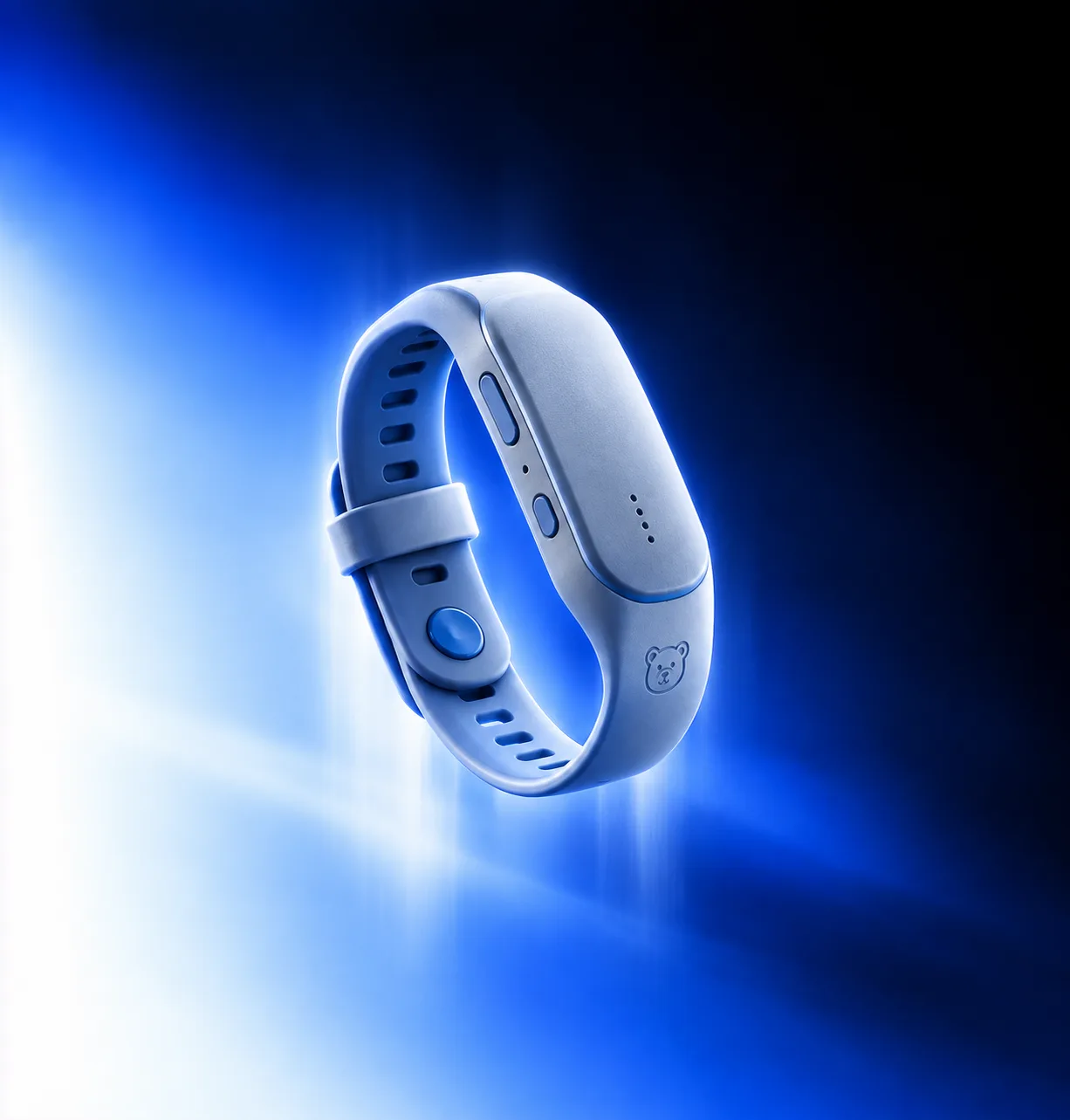 Product render of the Smart Band wristband with its side buttons and status indicators.