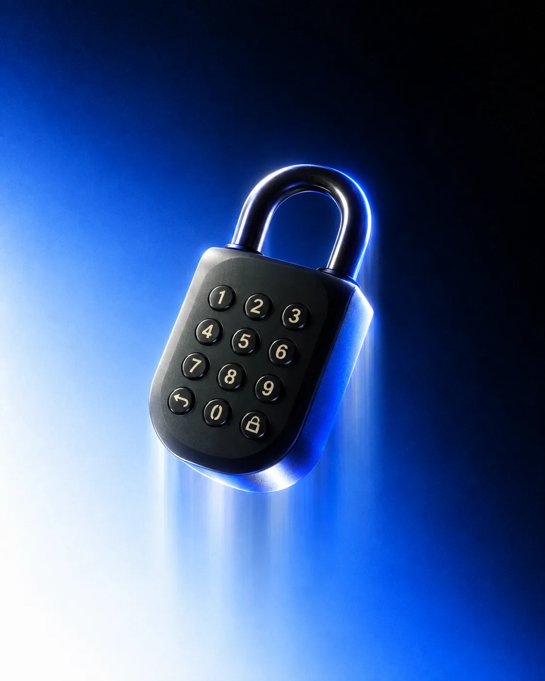 Product render of the smart padlock with its numeric keypad.