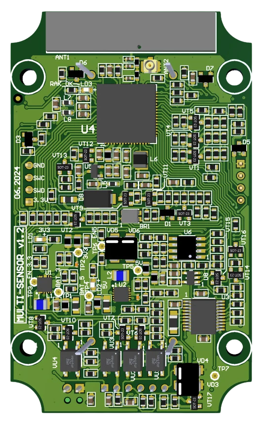 Top view render of the temperature sensor board.
