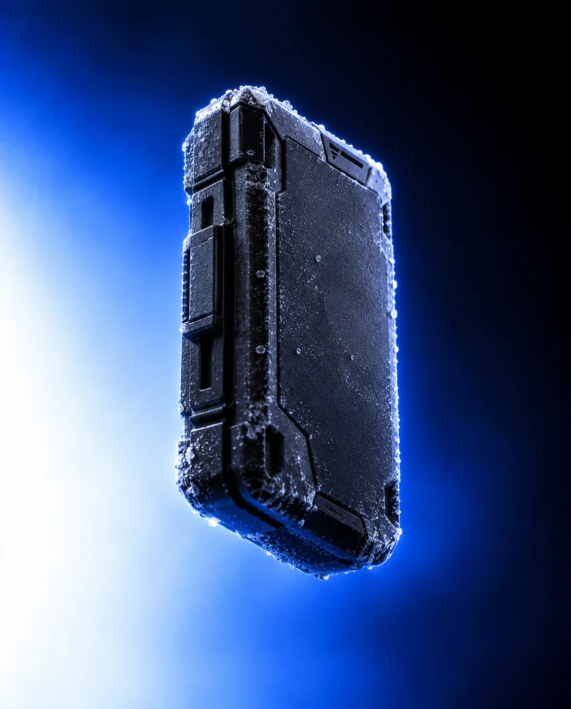 Product render of the rugged temperature sensor unit covered in frost.