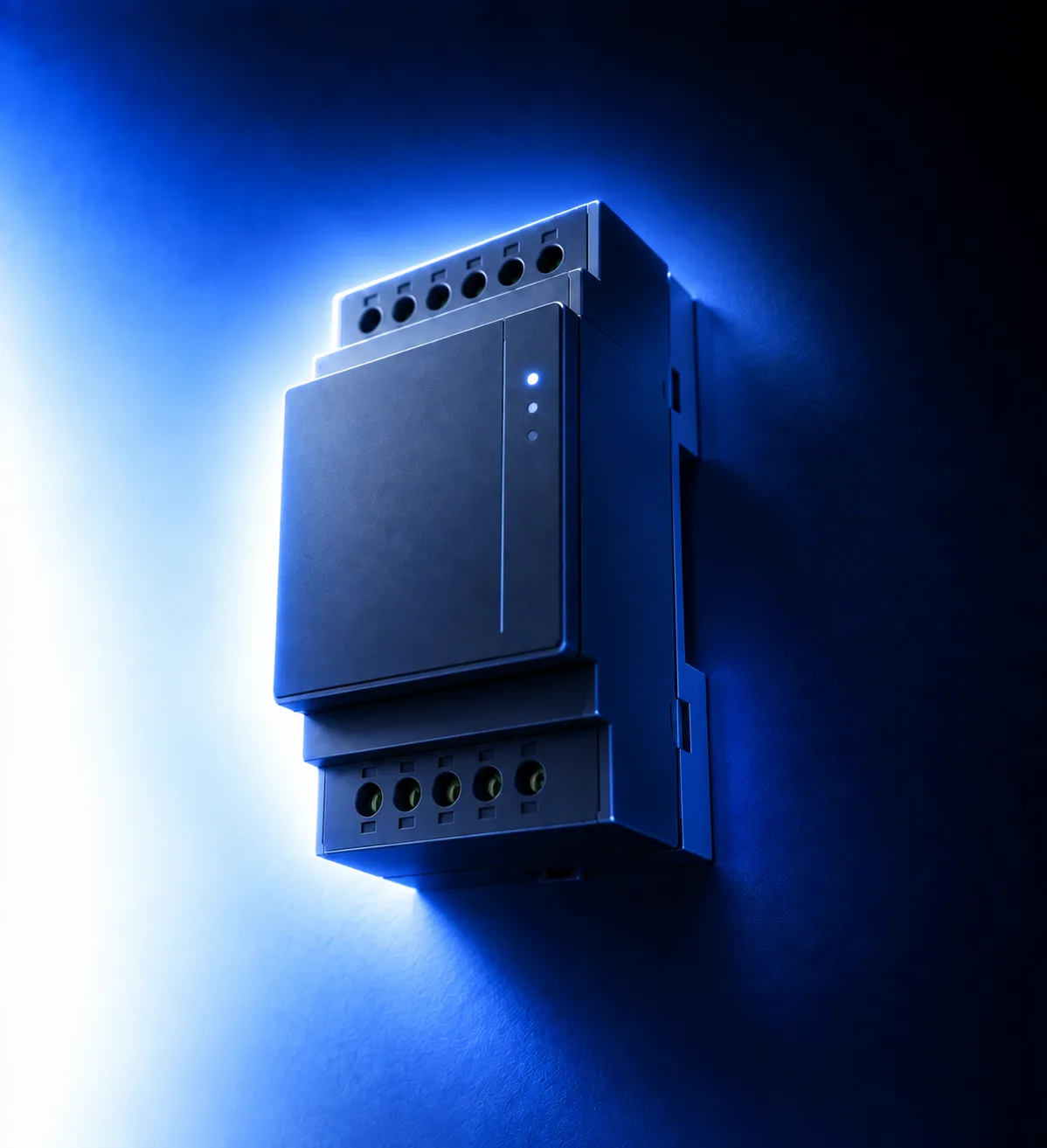 Product render of the KNX controller in its DIN-rail housing.