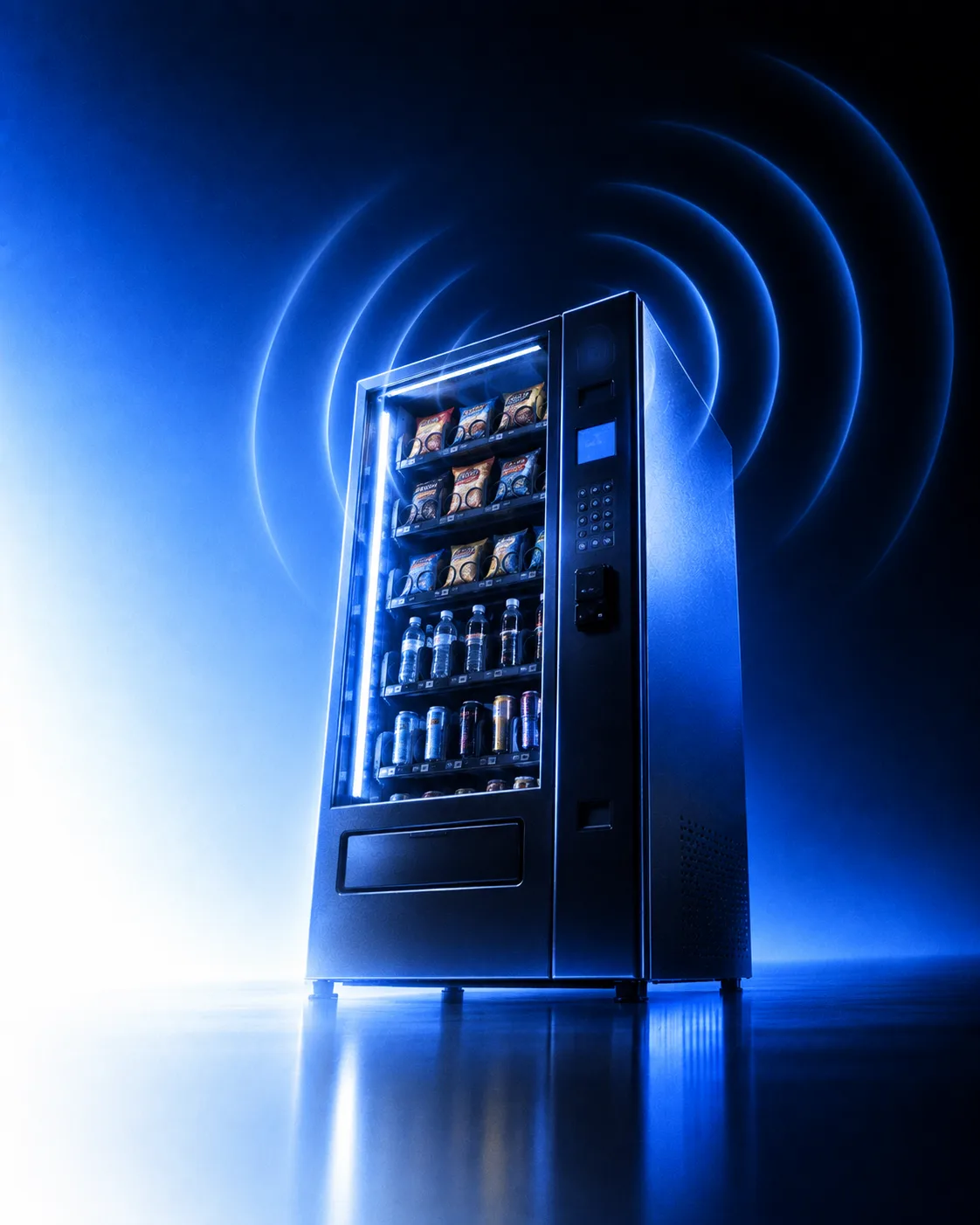 Product render of a vending machine with the telemetry unit signalling wirelessly.